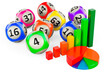 Lottery balls with growth bar graph and pie chart, 3D rendering