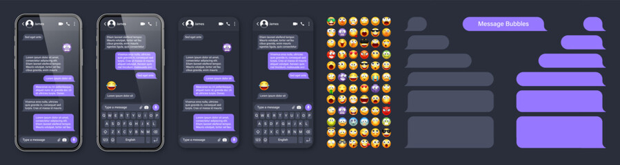Smartphone messaging app, user interface with emoji. SMS text frame. Chat screen, violet message bubbles. Texting app for communication. Social media application. Dark mode. Vector illustration