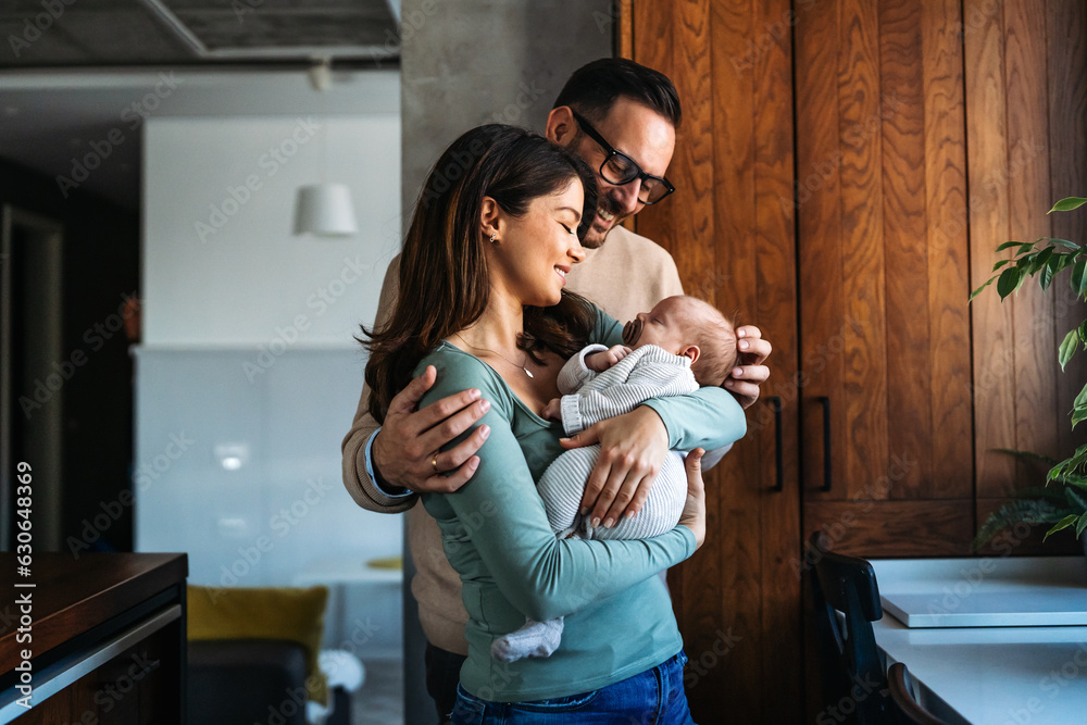 Family, parenthood and people concept. Happy young mother, father with ...