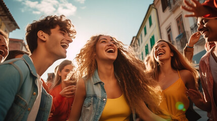 A group of friends laughing and dancing in the street, mental health images, photorealistic illustration