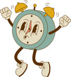 Funny retro alarm clock mascot for poster, banner, print. Cartoon wake up clock character vector illustration. Nostalgia, back to school