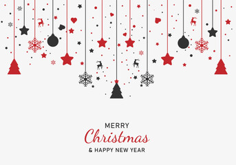 Wall Mural - Merry Christmas and Happy New Year. Xmas background with hanging christmas toys. Greeting card, holiday banner, web poster. Vector