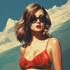 Canvas Print - model out of 70 wearing sunglasses and swimsuit 