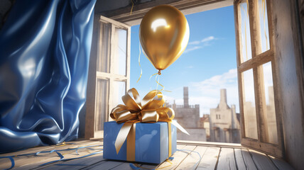 A gold balloon with gold ribbon hanging from a blue gift box, christmas image, 3d illustration images