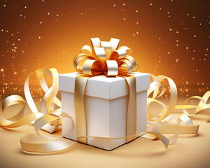 A white gift box with gold ribbon, christmas image, 3d illustration images