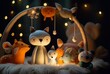 © LivroomStudio - Handmade felt toys above the newborn crib with light garland in the night. generative ai