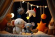 © LivroomStudio - Handmade felt toys above the newborn crib with light garland in the night. generative ai