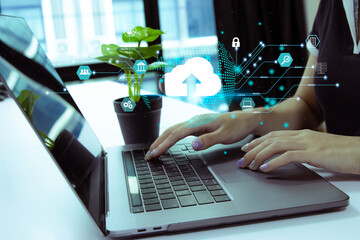 Fototapete - Businesswoman using laptop computer connecting with cloud data. Ai assistant. Artificial Intellegence technology.
