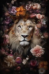 Lion wild cat abstract portrait with flowers and leaves. Creative animal portrait. Generative Ai.