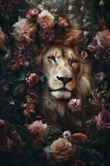 Wall Mural - Lion wild cat abstract portrait with flowers and leaves. Creative animal portrait. Generative Ai.