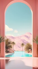 Pink pastel mystical dream island mountain background phone hd wallpaper, ai generated