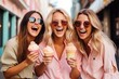 ©  Creative_studio - Women Enjoying Ice Cream Outdoor in the City. Generative AI