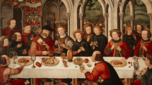 People Clink Cups On A Medieval Feast