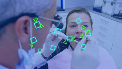 Sticker - Animation of network of shapes over caucasian male dentist and female patient