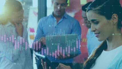 Poster - Animation of data processing against caucasian businesswoman using digital tablet at office