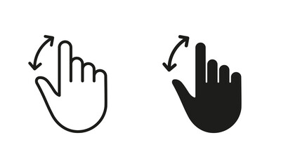Poster - Hand Finger Swipe, Drag Up and Down Line and Silhouette Black Icon Set. Gesture Slide Down and Up Pictogram. Pinch Screen, Rotate Touch Screen Symbol Collection. Isolated Vector Illustration