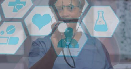 Poster - Animation of icons and medical data processing over biracial female doctor