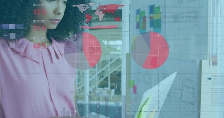 Poster - Animation of infographic interface over biracial woman standing and using laptop in office