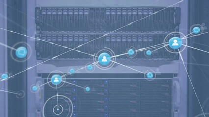 Poster - Animation of connected icons over back panel of data server racks in server room