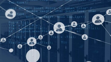 Poster - Animation of connected icons over computer language against server room in background