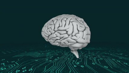 Poster - Animation of human brain over circuit board pattern against black background