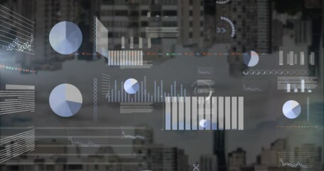 Poster - Animation of multiple graphs and trading board over modern cityscapes against cloudy sky