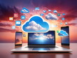 Cloud-Computing. Stilisierte Wolken in Verbindung mit EDV Ausstattung. 