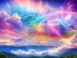 Cloud-Computing. Eine Mischung aus echten Wolken und farbenfrohen Wolken durchzogen von Lichtspuren.