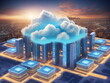 Cloud-Computing. Eine echte Wolke über einem virtuellen Datacenter.