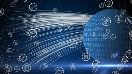 Poster - Animation of connected icons over binary codes on globe against dots forming lines