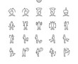Warmup and stretching exercise. Torso rotations. Leg stretch. High knees. Jumping jacks. Pixel Perfect Vector Thin Line Icons. Simple Minimal Pictogram