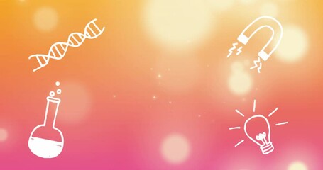 Poster - Animation of drawing of dna helix, magnet, liquid filled beaker and light bulb over lens flares