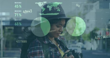 Poster - Animation of infographic interface, changing numbers, asian woman clicking pictures through camera
