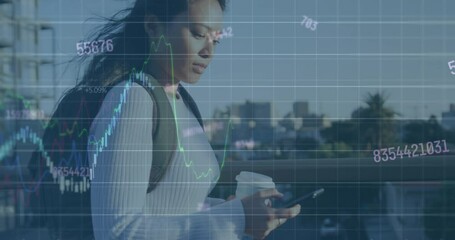 Poster - Animation of graphs and changing numbers over asian woman walking and using smartphone