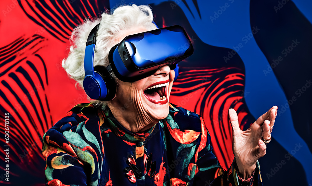 senior older woman so happy with wearing virtual reality VR headset for ...