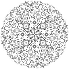  Colouring page, hand drawn, vector. Mandala 227, ethnic, swirl pattern, object isolated on white background.