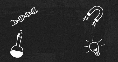 Poster - Animation of drawing of dna helix, magnet, liquid filled beaker and light bulb over blackboard