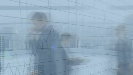 Poster - Animation of multiple graphs, time-lapse of people walking against modern city through glass window