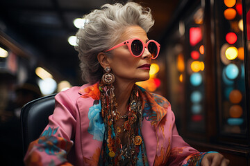 Wall Mural - Elderly woman with modern clothing and pink sunglasses inside a restaurant.