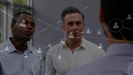 Poster - Animation of icons connected with lines over diverse coworkers sharing ideas in office