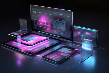 technological image of devices with purple and blue screen and black background