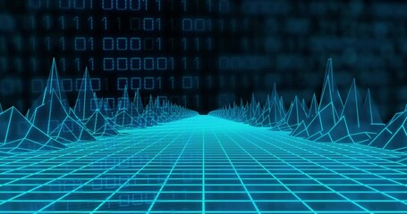 Animation of 3d model of grid pattern forming mountain over binary codes against black background