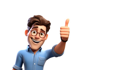 Happy adult man showing thumb up gesture 3d style cartoon character. Successful businessman smiling with ok like cool finger on white background