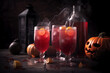 © Galina - Drinks for a children's holiday Halloween, berry cocktails in glass glasses with straws. Special drinks for the holiday. Generated by AI