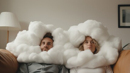 Wall Mural - Cosy Portrait of Couple Sitting on Unique Cloud Sofa, Perfect Blend of Imagination and Comfort in Living Room, Generative AI Illustration