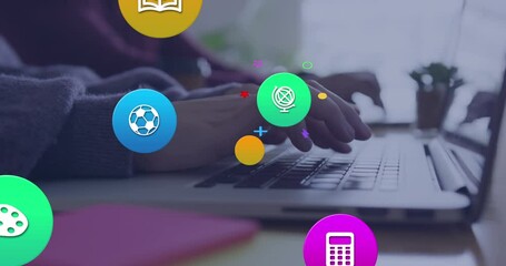 Poster - Animation of digital icons over caucasian man using laptop
