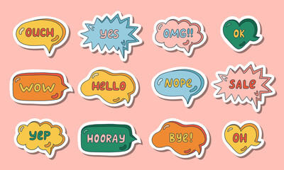 Set of stickers with trendy speech bubbles with hand drawn talk phrases in different shapes. Online chat clouds with Ok, Hello, Wow, OMG, Hi and other dialog words. Colorful doodles.