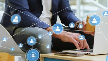 Poster - Animation of network of connections over caucasian businessman using laptop
