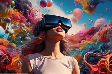 woman wearing vr headset user, surreal world and virtual reality, colorful flowers fields. generativ