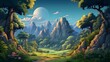 © Meadow - Landschaft mit Bergen und Wald, Illustration im Cartoon-Stil. Generative KI., Stilisiert
